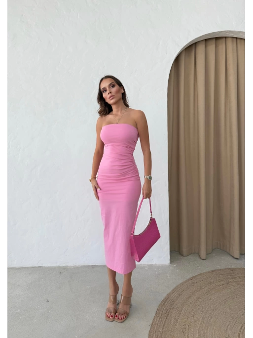 STRAPLEZ ARKA YIRTMAÇLI LİKRALI UZUN ELBİSE PEMBE