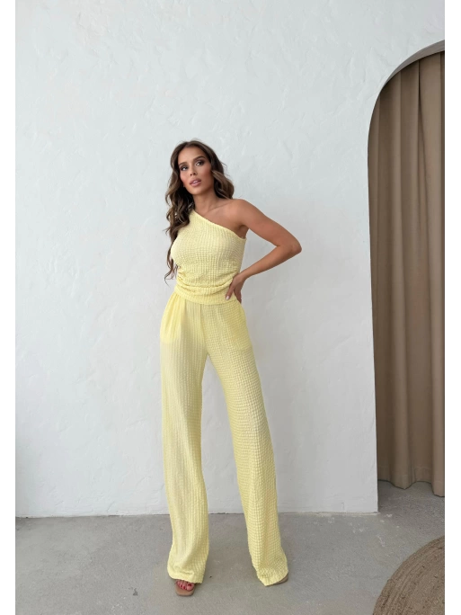 GOFRE TEK OMUZ BLUZ VE PANTOLONLU İKİLİ TAKIM SARI