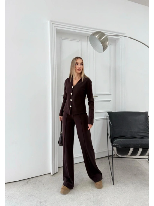 GOLD DÜĞME DETAY HIRKA VE PANTOLONLU TRİKO İKİLİ TAKIM KAHVE