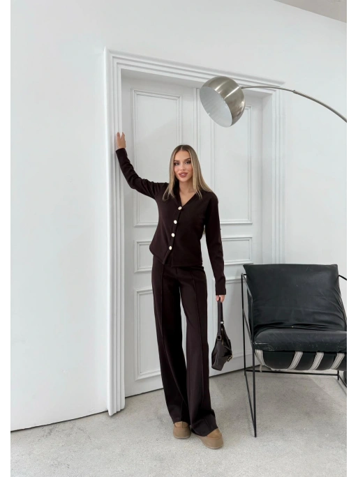 GOLD DÜĞME DETAY HIRKA VE PANTOLONLU TRİKO İKİLİ TAKIM KAHVE