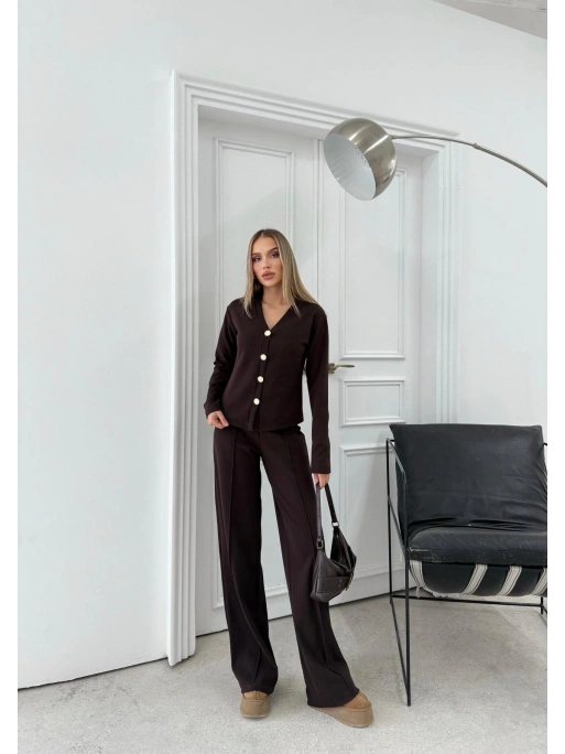 GOLD DÜĞME DETAY HIRKA VE PANTOLONLU TRİKO İKİLİ TAKIM KAHVE