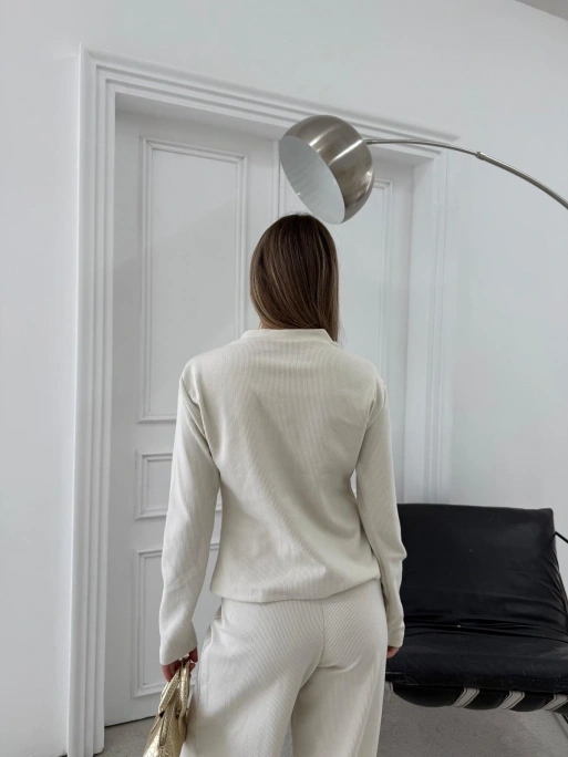 GOLD DÜĞME DETAY HIRKA VE PANTOLONLU TRİKO İKİLİ TAKIM KREM