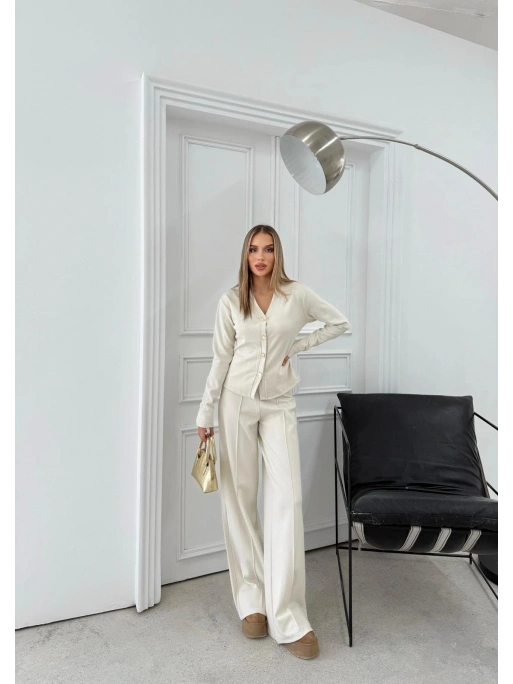 GOLD DÜĞME DETAY HIRKA VE PANTOLONLU TRİKO İKİLİ TAKIM KREM