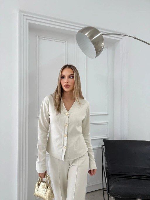 GOLD DÜĞME DETAY HIRKA VE PANTOLONLU TRİKO İKİLİ TAKIM KREM