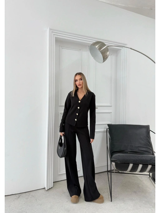 GOLD DÜĞME DETAY HIRKA VE PANTOLONLU TRİKO İKİLİ TAKIM SİYAH