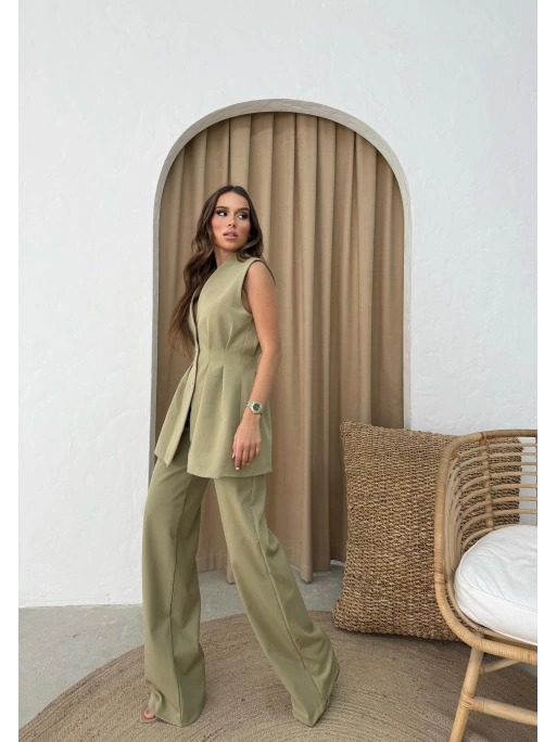 GOLD DÜĞME DETAY YELEK VE PANTOLONLU İKİLİ TAKIM YEŞİL
