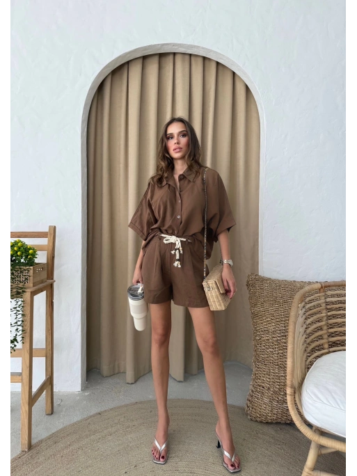 GÖMLEK VE ŞORT KUŞAKLI KETEN İKİLİ TAKIM KAHVE