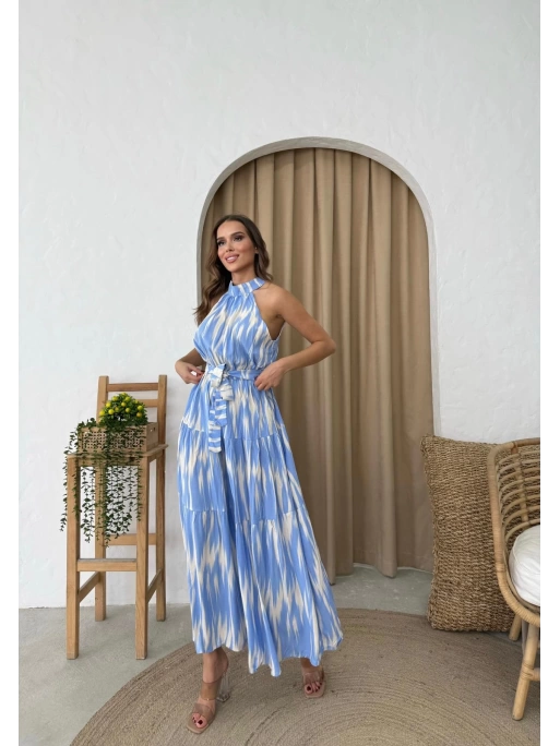 HALTER YAKA BEL KUŞAKLIDESENLİ VİSKON ELBİSE MAVİ