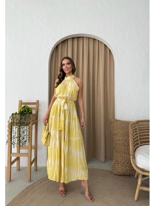 HALTER YAKA BEL KUŞAKLIDESENLİ VİSKON ELBİSE SARI