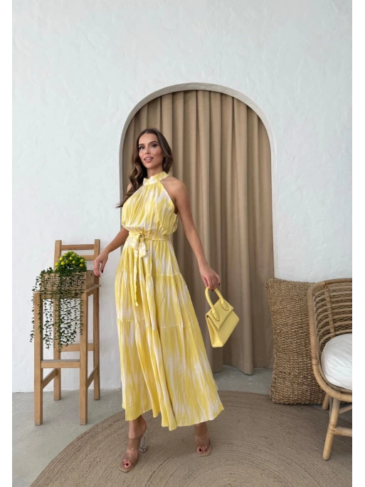 HALTER YAKA BEL KUŞAKLIDESENLİ VİSKON ELBİSE SARI