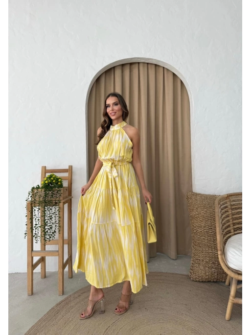 HALTER YAKA BEL KUŞAKLIDESENLİ VİSKON ELBİSE SARI