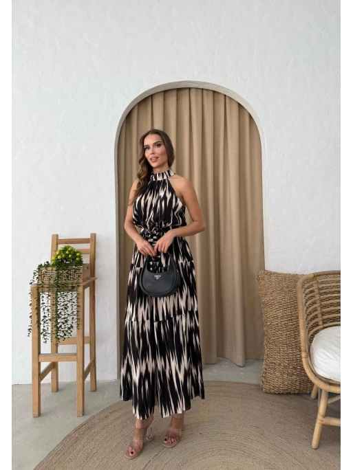 HALTER YAKA BEL KUŞAKLIDESENLİ VİSKON ELBİSE SİYAH