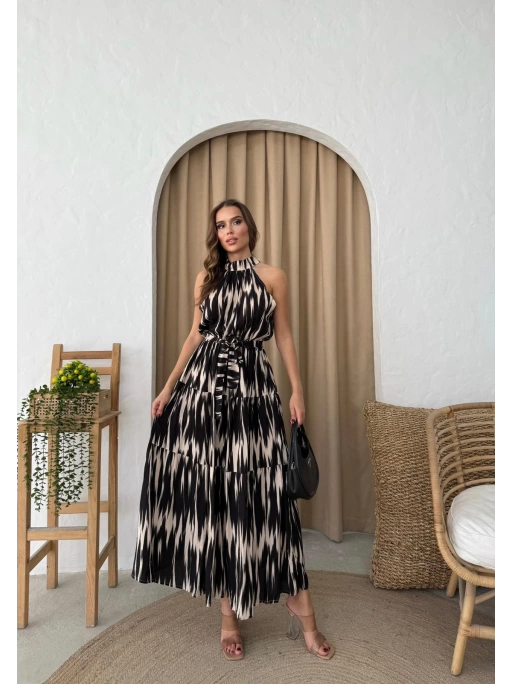 HALTER YAKA BEL KUŞAKLIDESENLİ VİSKON ELBİSE SİYAH