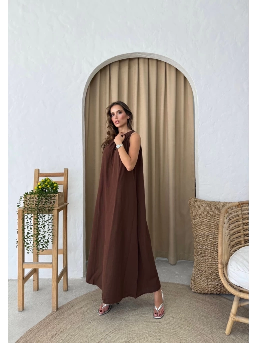 HALTER YAKA UZUN KETEN ELBİSE KAHVE