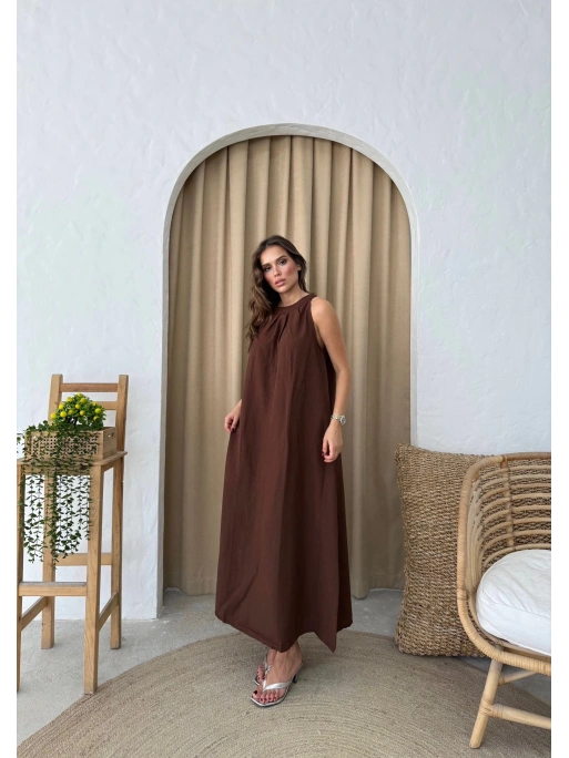 HALTER YAKA UZUN KETEN ELBİSE KAHVE