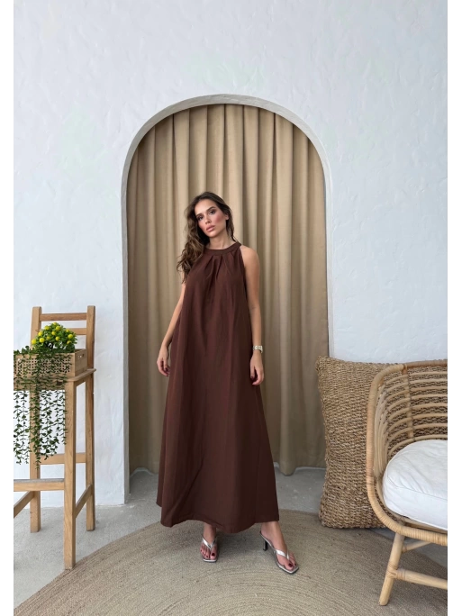 HALTER YAKA UZUN KETEN ELBİSE KAHVE