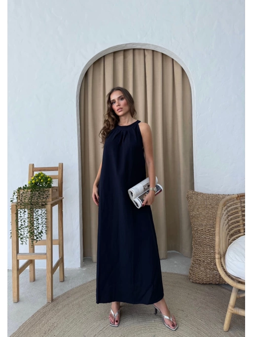 HALTER YAKA UZUN KETEN ELBİSE LACİVERT