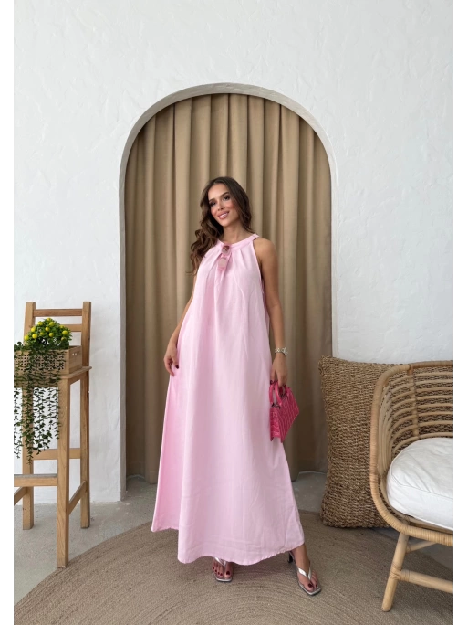 HALTER YAKA UZUN KETEN ELBİSE PEMBE