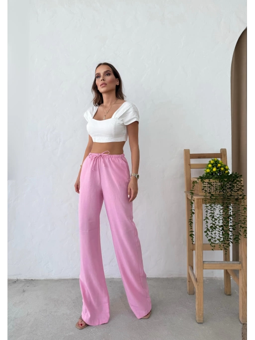 İNCE KEMER BEL LASTİKLİ PALAZZO KETEN PANTOLON PEMBE