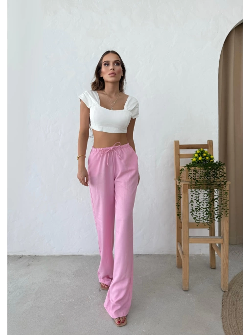 İNCE KEMER BEL LASTİKLİ PALAZZO KETEN PANTOLON PEMBE