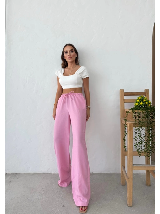 İNCE KEMER BEL LASTİKLİ PALAZZO KETEN PANTOLON PEMBE