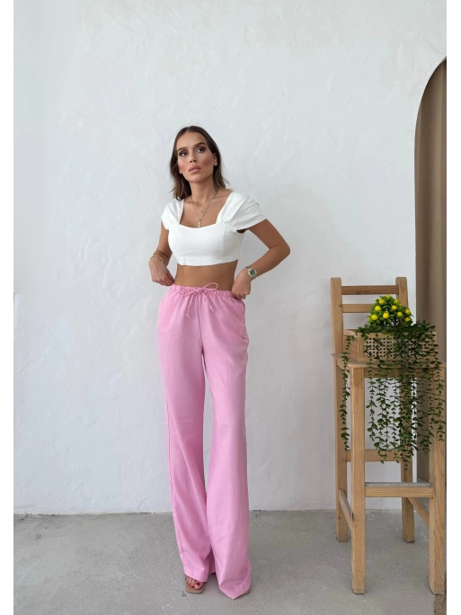 İNCE KEMER BEL LASTİKLİ PALAZZO KETEN PANTOLON PEMBE