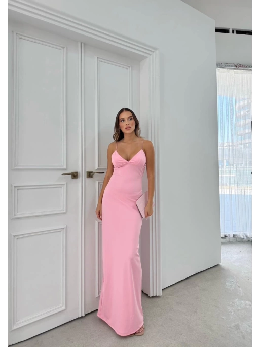 İP ASKILI DANTEL DETAY UZUN KALEM ELBİSE PEMBE