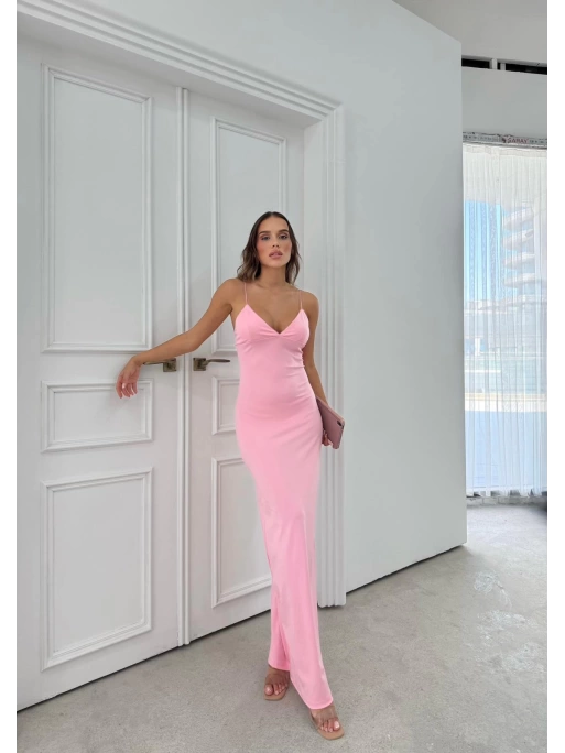 İP ASKILI DANTEL DETAY UZUN KALEM ELBİSE PEMBE