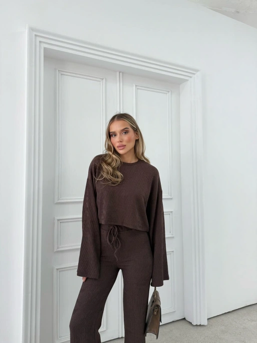 FİTİLLİ İSPANYOL KOL SALAŞ BLUZ VE PANTOLONLU İKİLİ TAKIM KAHVE