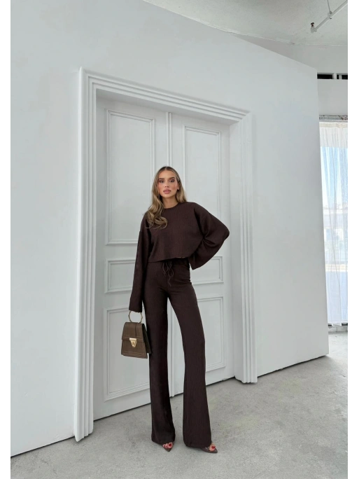 FİTİLLİ İSPANYOL KOL SALAŞ BLUZ VE PANTOLONLU İKİLİ TAKIM KAHVE