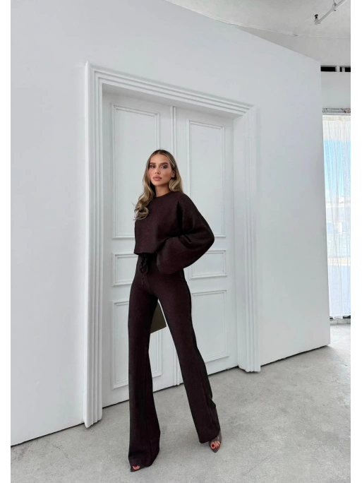 FİTİLLİ İSPANYOL KOL SALAŞ BLUZ VE PANTOLONLU İKİLİ TAKIM KAHVE