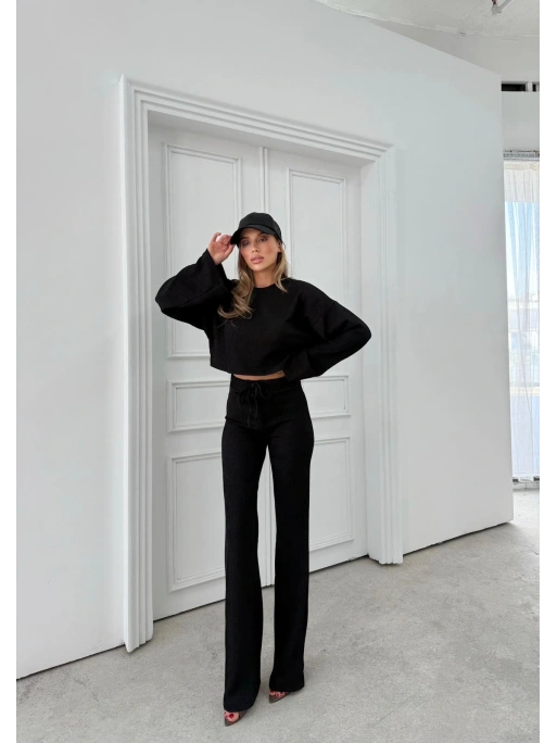 FİTİLLİ İSPANYOL KOL SALAŞ BLUZ VE PANTOLONLU İKİLİ TAKIM SİYAH