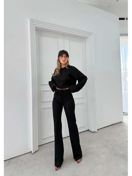 FİTİLLİ İSPANYOL KOL SALAŞ BLUZ VE PANTOLONLU İKİLİ TAKIM SİYAH