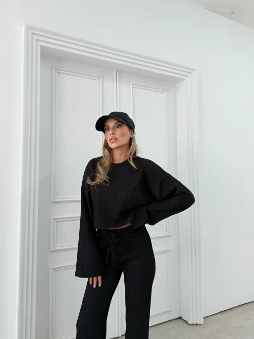 FİTİLLİ İSPANYOL KOL SALAŞ BLUZ VE PANTOLONLU İKİLİ TAKIM SİYAH