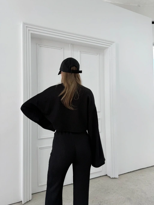 FİTİLLİ İSPANYOL KOL SALAŞ BLUZ VE PANTOLONLU İKİLİ TAKIM SİYAH