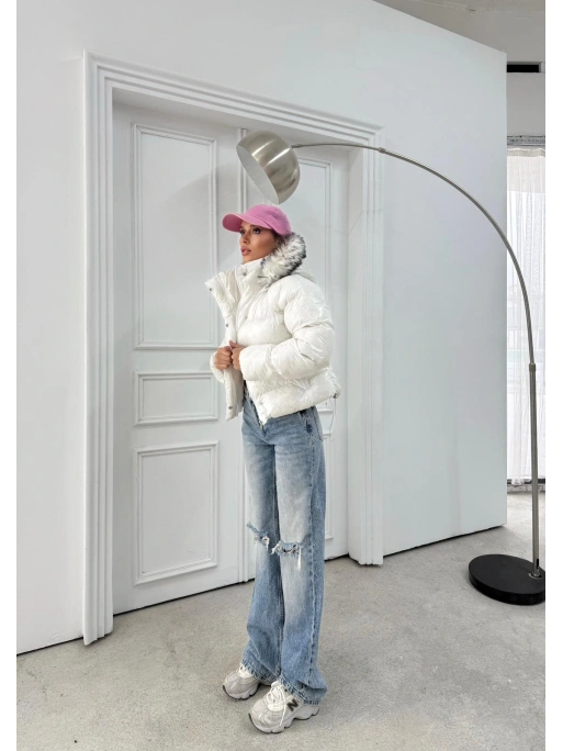 KAPÜŞON KÜRK DETAY RUGAN ŞİŞME MONT BEYAZ