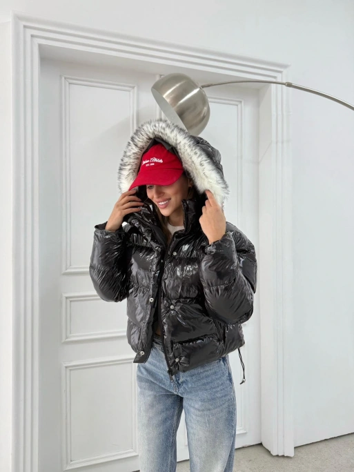 KAPÜŞON KÜRK DETAY RUGAN ŞİŞME MONT SİYAH