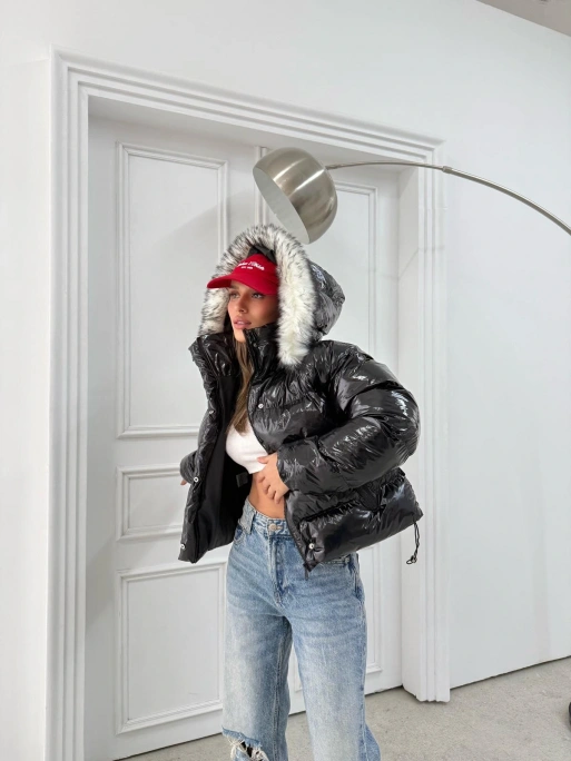 KAPÜŞON KÜRK DETAY RUGAN ŞİŞME MONT SİYAH