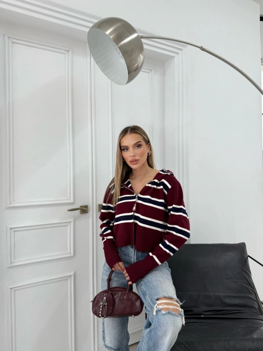 KAPÜŞONLU PARMAK GEÇME DETAY ÇİFT FERMUAR TRİKO KAZAK BORDO