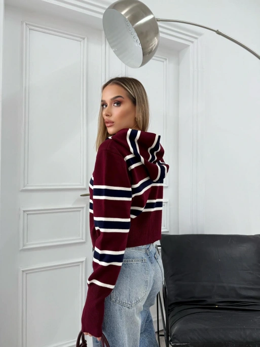 KAPÜŞONLU PARMAK GEÇME DETAY ÇİFT FERMUAR TRİKO KAZAK BORDO