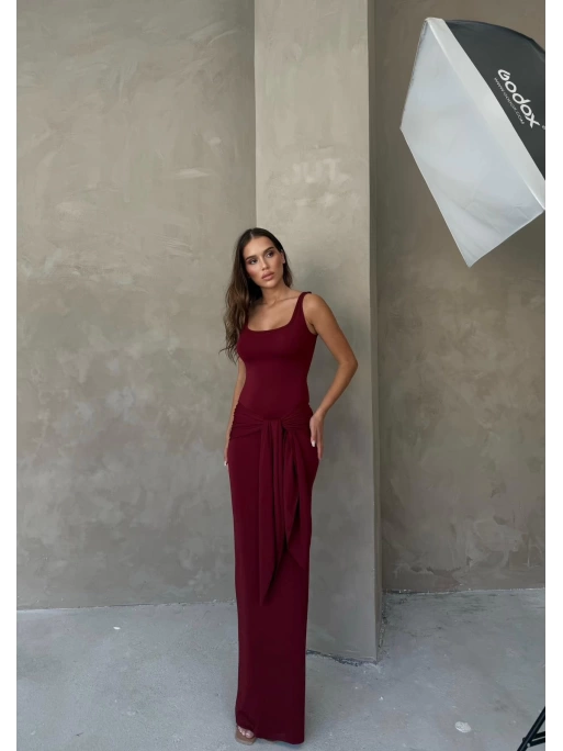 KARE YAKA BEL BAĞLAMA DETAY UZUN KALEM ELBİSE BORDO