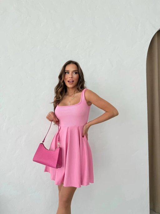 KARE YAKA ETEK PİLELİ ELBİSE PEMBE