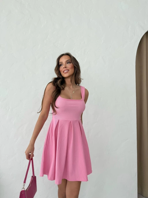 KARE YAKA ETEK PİLELİ ELBİSE PEMBE
