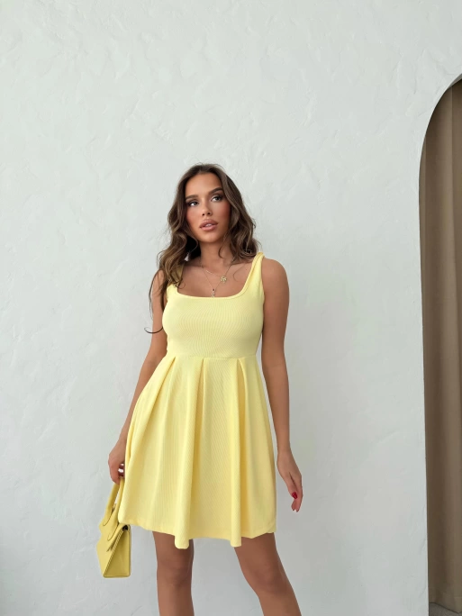 KARE YAKA ETEK PİLELİ ELBİSE SARI