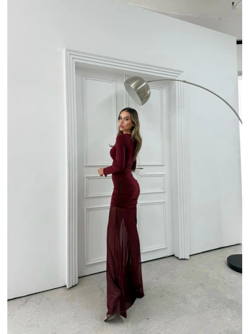 KARE YAKA ETEK TÜL DETAY UZUN ELBİSE BORDO