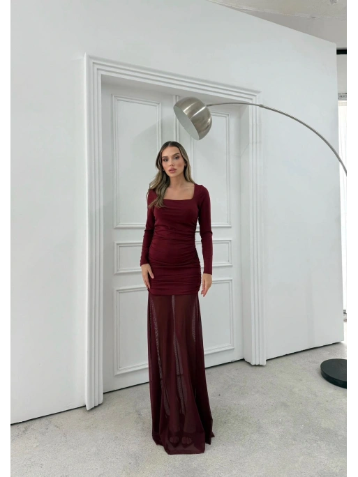KARE YAKA ETEK TÜL DETAY UZUN ELBİSE BORDO