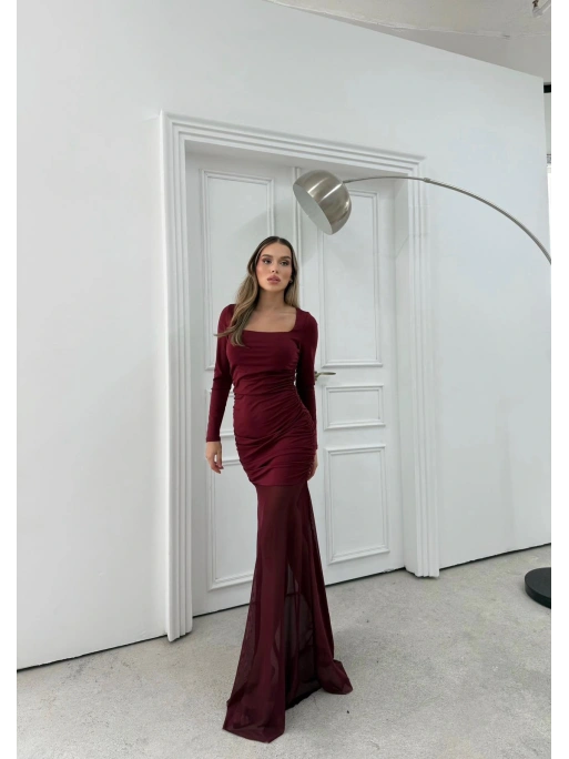 KARE YAKA ETEK TÜL DETAY UZUN ELBİSE BORDO