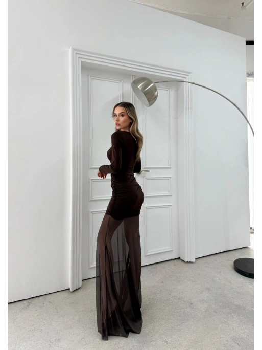 KARE YAKA ETEK TÜL DETAY UZUN ELBİSE KAHVE