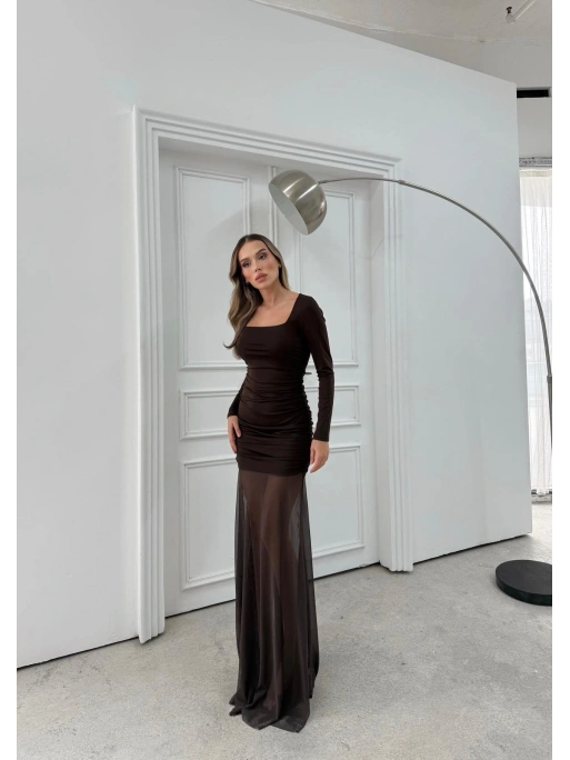 KARE YAKA ETEK TÜL DETAY UZUN ELBİSE KAHVE