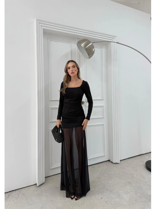 KARE YAKA ETEK TÜL DETAY UZUN ELBİSE SİYAH